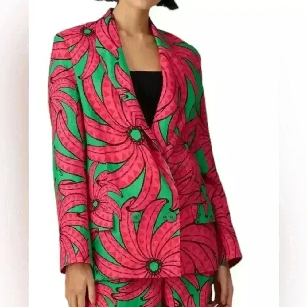 Farm Rio Banana Pitta Pink Green Floral Linen Blazer XS